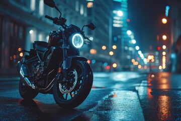 Matte black motorcycle against a dark urban landscape