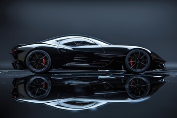 Sleek black sports car model on a dark reflective surface