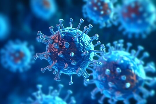 3D render of a medical with virus cells bacteria. Multiple realistic coronavirus particles floating © KaitoDesign