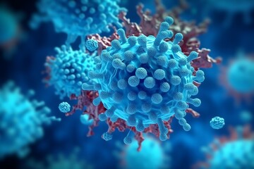 3D render of a medical with virus cells bacteria. Multiple realistic coronavirus particles floating