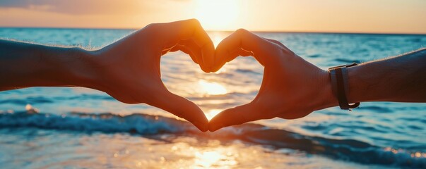 Two couple hands making heart symbol on sunset or sunrise beach background, love and compassion concept