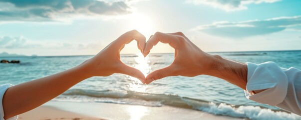 Two couple hands making heart symbol on sunset or sunrise beach background, love and compassion concept - Powered by Adobe