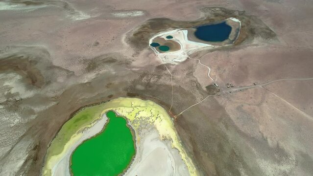 Beautiful aerial footage of the Atacama - Calama - Antofagasta Dessert and Salar - turquoise lagoon 