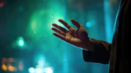 Closeup of an actors hand reaching out to touch a simulated environment in an immersive theater production.