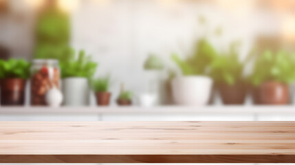 Empty beautiful wood table top counter and blur bokeh modern kitchen interior background in clean and bright,Banner, Ready for product montage. Generative AI illustration