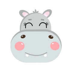 Cartoon kawaii lovely, smiling, joy, happy cute hippopotamus, hippo face or head for kids, children isolated on white background	