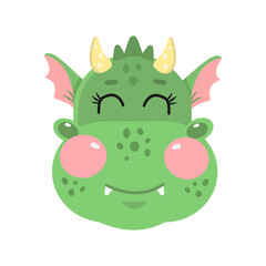 Vector illustration of cute kawaii happy, funny green face, head dragon with smiling eyes closed