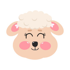 Kawaii cartoon lamb, ewe, cute sheep for kids on white isolated background	with smiling eyes closed
