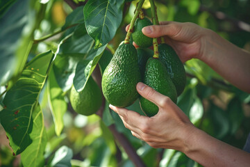 Close-up of hands picking avocados from tree branch
