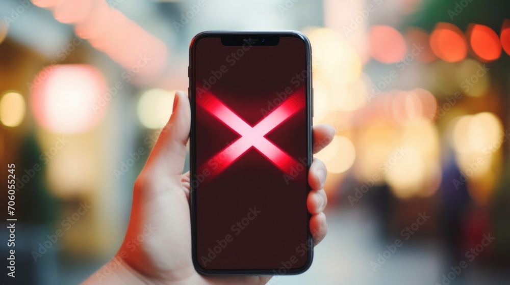 Poster closeup of a smartphone with a red x over it, reminding users to think before posting hurtful messag
