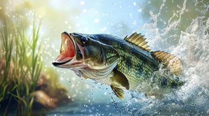 bass fish catcing the fishing lure - obrazy, fototapety, plakaty