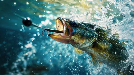 bass fish catcing the fishing lure - obrazy, fototapety, plakaty