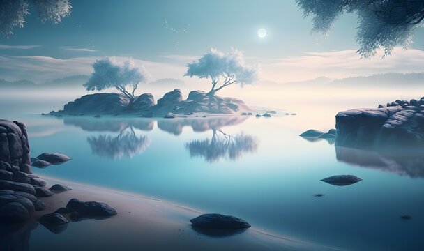  A high quality beautiful illustrated background showing a blue scene with calm colours and water images  as soft ethereal dreamy background, professional color grading, copy space