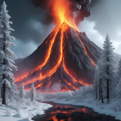 Futuristic Volcanic Eruption - Neon art with cybernetic enhancements and high-resolution realistic effects during a blizzard whiteout in a snow-covered forest Gen AI - obrazy, fototapety, plakaty