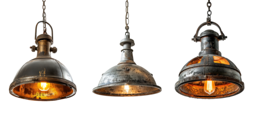 Vintage industrial style pendant lamps over isolated transparent background
