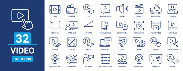 Video outline icon set. Containing movie, camera, cinema, media, film, viewer, TV, play, watching and more. Vector line icons collection. - obrazy, fototapety, plakaty