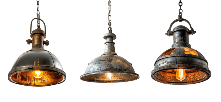 Vintage industrial style pendant lamps over isolated transparent background