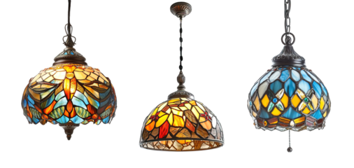 Set of colorful hand-crafted stained glass shade pendant lamps over isolated transparent background