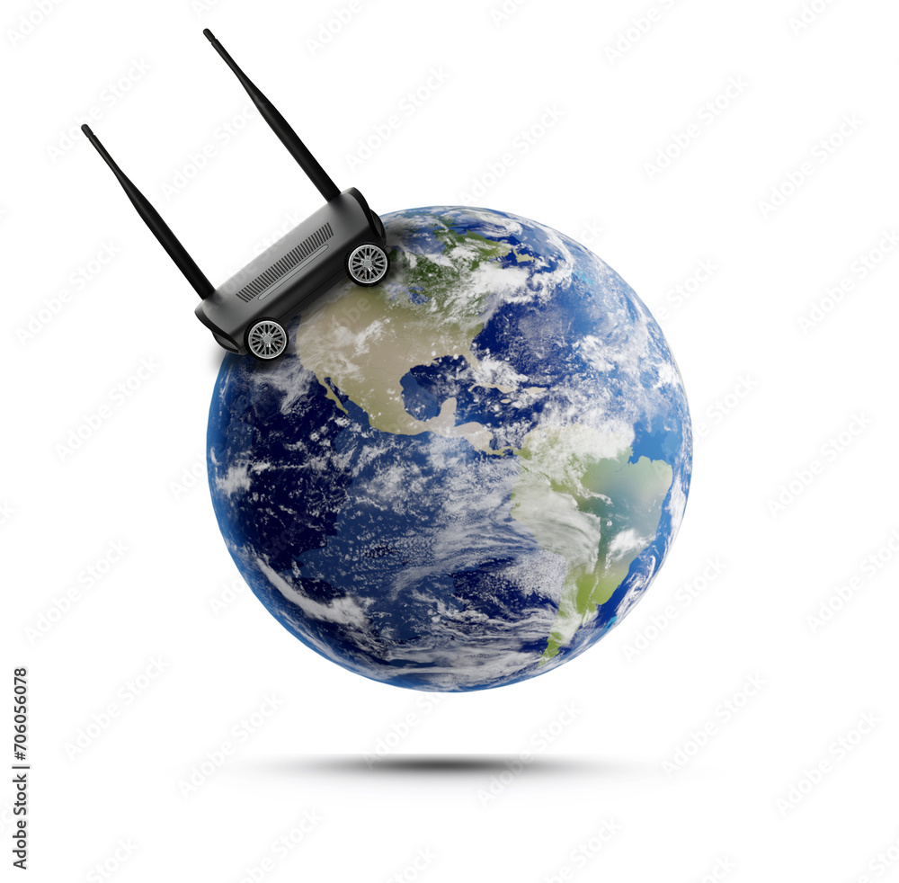 Aufkleber fast internet connection. wi-fi router with wheels riding on white background
