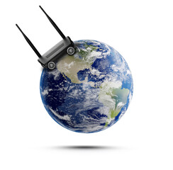 Fast internet connection. Wi-Fi router with wheels riding on white background