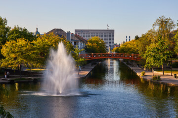 Urban Park Fountain and Red Bridge Reflections, Indianapolis