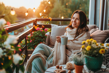Young woman having a cup of tea on cozy wooden terrace with rustic wooden furniture, soft colorful pillows, light bulbs and flower pots. Charming sunny evening in summer garden. - Powered by Adobe