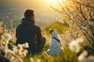 Male hiker and his pet dog admiring a scenic view in flowering meadow at spring. Adventurous young man with his dog friend. Hiking and trekking on a nature trail. Traveling by foot. - obrazy, fototapety, plakaty