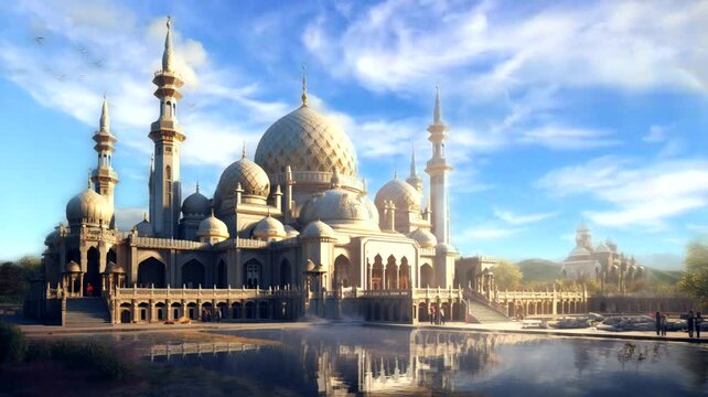 Gorgeous mosque structure amid the woods. Watercolor digital painting illustration style suitable for cartoon or anime. smooth 4K virtual video animation backdrop that loops continuously