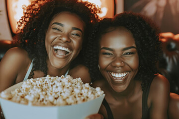 Two cheerful female friends watching a tv film at home. Two black women eating popcorn with happy expressions on their faces. Having a movie night. - obrazy, fototapety, plakaty