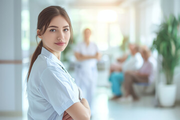 Beautiful smiling female nurse or a doctor wearing scrubs in a nursing home. Cheerful medical staff portrait. Housing facility intended for the elderly people. - obrazy, fototapety, plakaty