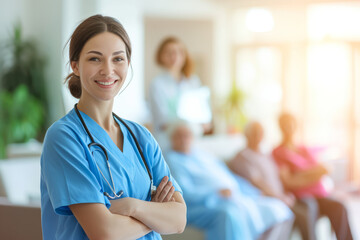 Beautiful smiling female nurse or a doctor wearing scrubs in a nursing home. Cheerful medical staff portrait. Housing facility intended for the elderly people.
