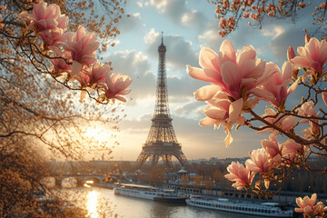 Typical Parisian postcard view of pink magnolia flowers in full bloom on a backdrop of French cityscape. Early spring in Paris, France. - obrazy, fototapety, plakaty