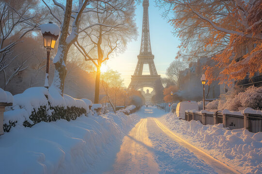 Beautiful typical Parisian street covered in snow in France. Sunny cold day on winter time.