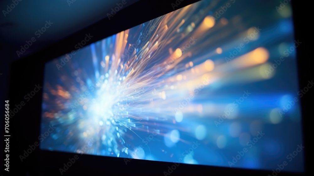 Poster closeup of a projector casting dynamic visuals onto a blank wall, creating an everevolving canvas.