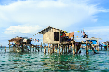 Beautiful landscapes view borneo sea gypsy water village in Bodgaya Mabul Island, Semporna Sabah,...