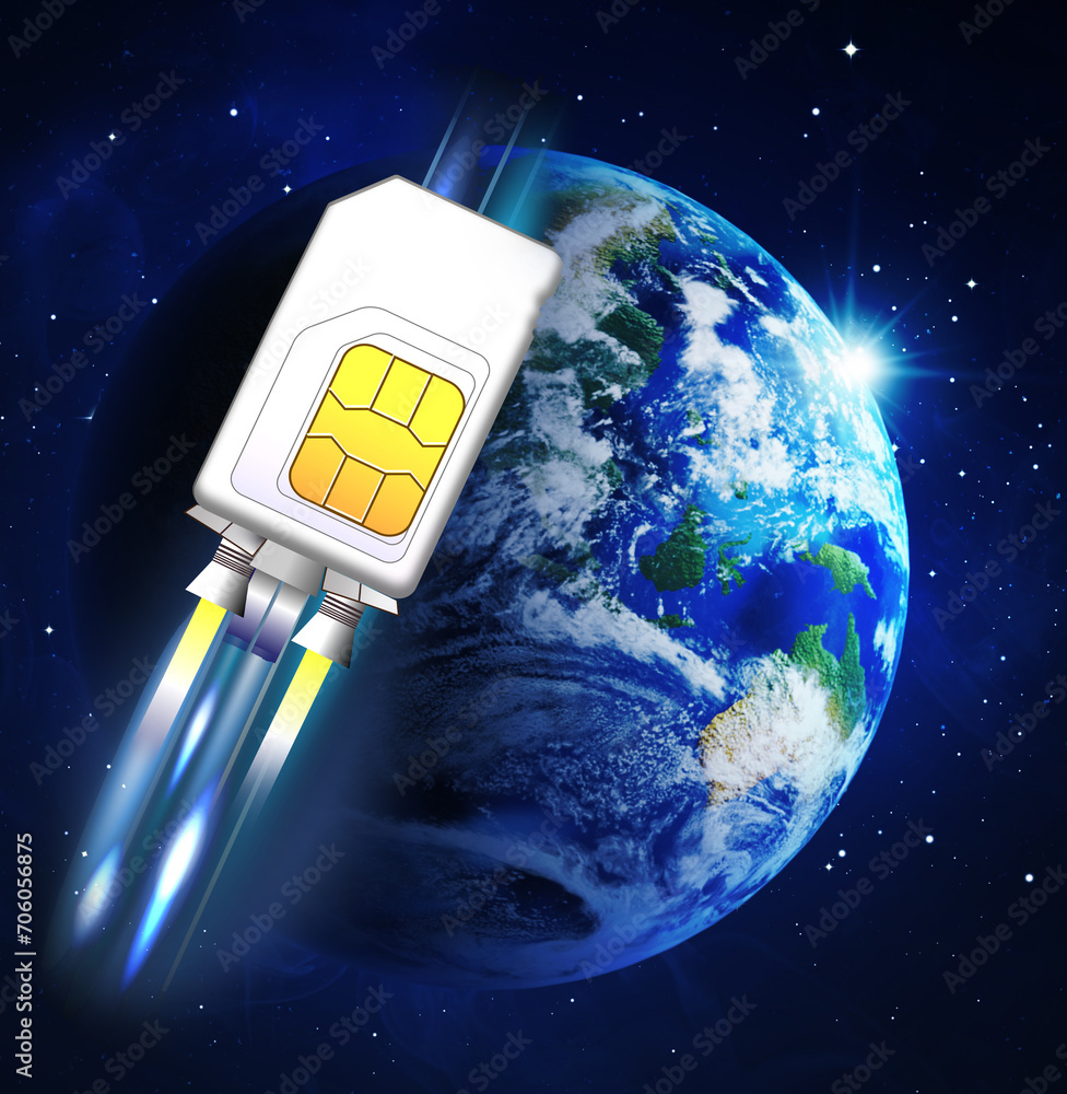Poster fast internet connection. sim card rocket flying around planet in space