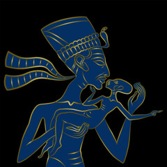 Fototapeta na wymiar Ancient Egyptian pharaoh Akhenaton or queen Nefertiti holding and kissing a baby. Relief from Amarna. Gold end blue silhouette on black background.