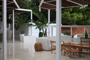 Terrace with outdoor furniture and green plants