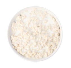 Tasty boiled oatmeal in bowl isolated on white, top view