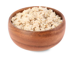 Tasty boiled oatmeal in bowl isolated on white