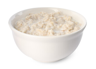 Tasty boiled oatmeal in bowl isolated on white