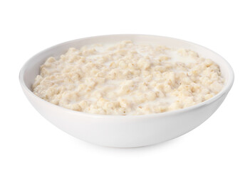 Tasty boiled oatmeal in bowl isolated on white