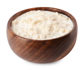 Tasty boiled oatmeal in bowl isolated on white