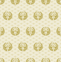 白地に薄金の四菱_有職文様向松喰鶴丸（むかいまつくいつるまる）黄金_シームレスパターン
