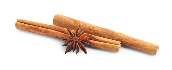 Aromatic cinnamon sticks and anise star isolated on white