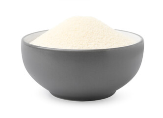 Bowl of uncooked organic semolina isolated on white