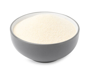 Bowl of uncooked organic semolina isolated on white