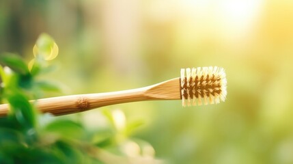 Closeup of a bamboo toothbrush with compostable bristles for a more sustainable oral care routine.