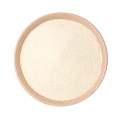 Bowl of uncooked organic semolina isolated on white, top view