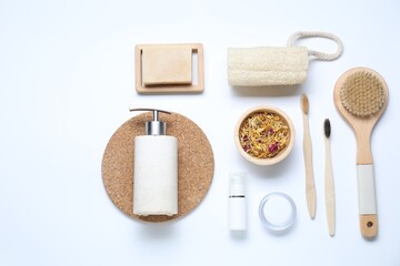 Naklejka premium Bath accessories. Flat lay composition with personal care products on white background